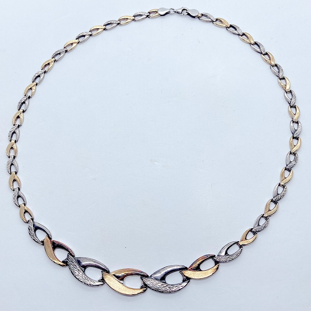 Vtg Sterling & 1/13 10k Gold Marquis Shaped Link Crosshatch Etched Necklace 18”